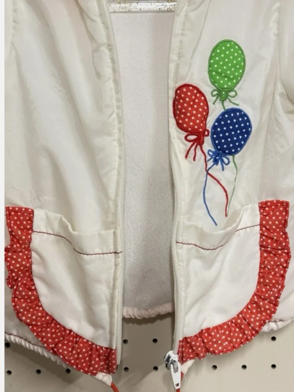 Vtg 80s Balloon Embroidered Baby Windbreaker Jacket 24M Polka Dot Hood